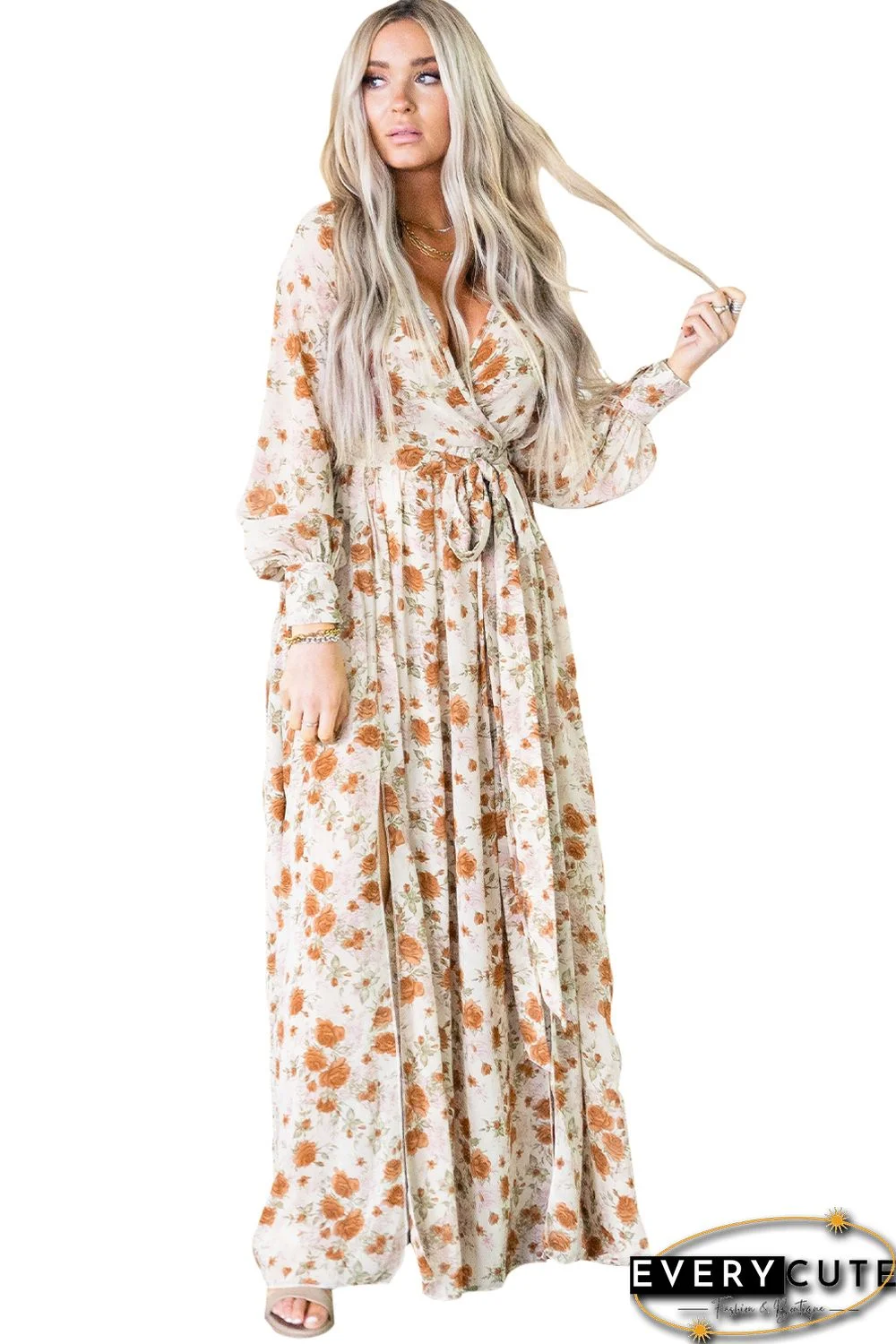 Orange Wrap V Neck Maxi Floral Dress with Side Slit