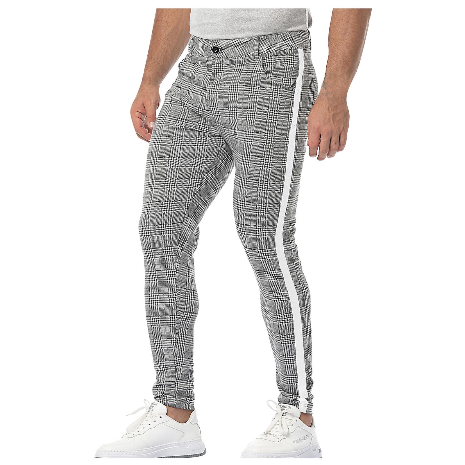 Mens Plaid Pants, Slim Tapered Fit, Casual Stretch, Flat-front, Expandable Waist, Checkered Dress Pants