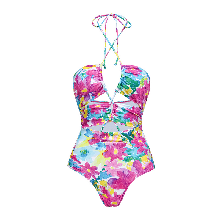 Flaxmaker Halter Straps Cutout Purple Floral Doodle One Piece Swimsuit and Cover Up