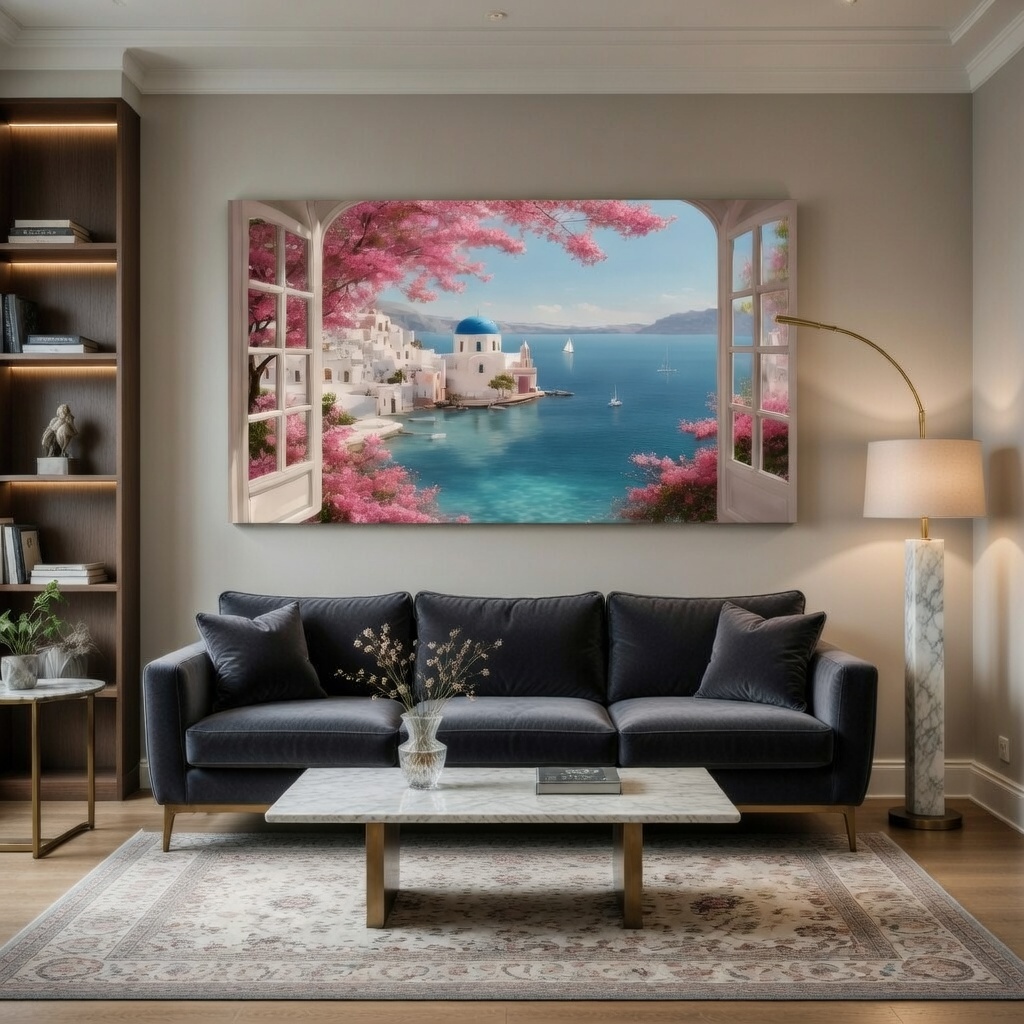 Bougainvillea Window Sea View Canvas Wall Art