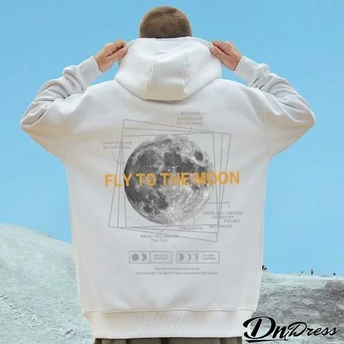 Men Plus Size Casual Long Sleeve Hat Rope Pocket Design Moon Printed Loose Fleece-lined Hoodie