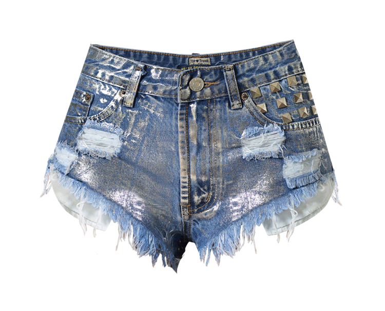 Women's High Waist, Slim Fit, Worn Rivets, Denim Short Pants Spicy Girl Street Wear Denim Pant