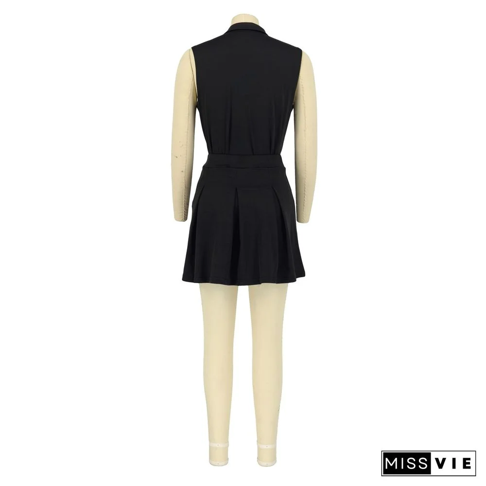Sleeveless Pullover Polo Tops Pleated Skirt Suits
