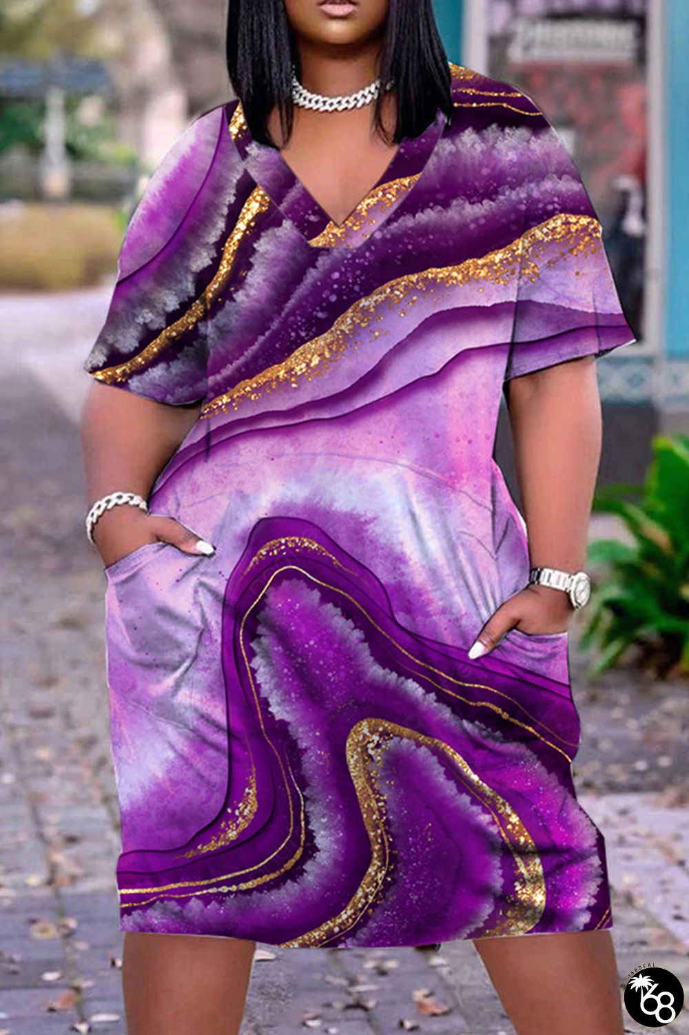 Purple Casual Print Patchwork V Neck Short Sleeve Dress | 168DEAL