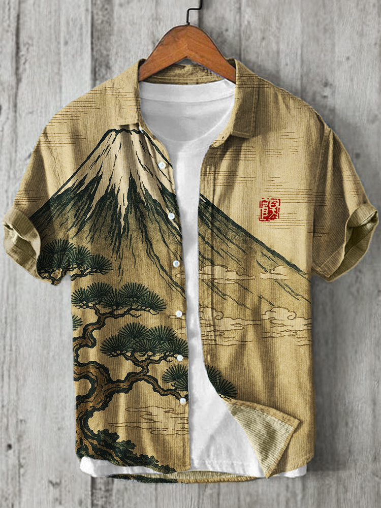 Vintage Mount Fuji & Pine Trees Japanese Art Linen Shirt