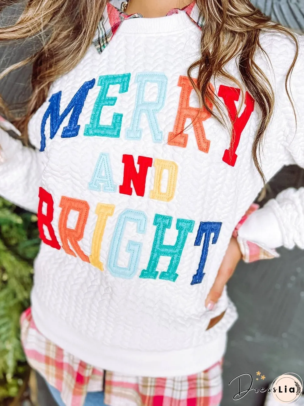 Cozy White Cable Knit Pullover with Merry and Bright Slogan