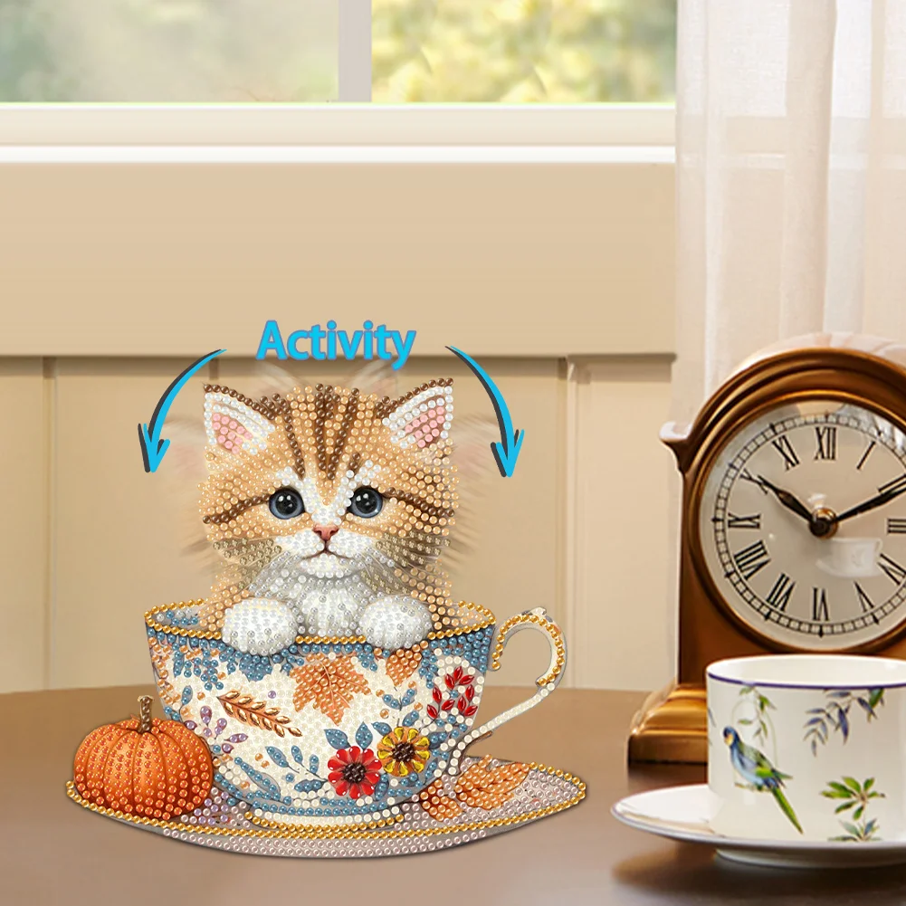 2D Flat Cat DIY Shaking Head Teacup Cat Diamond Painting Desktop Decorations