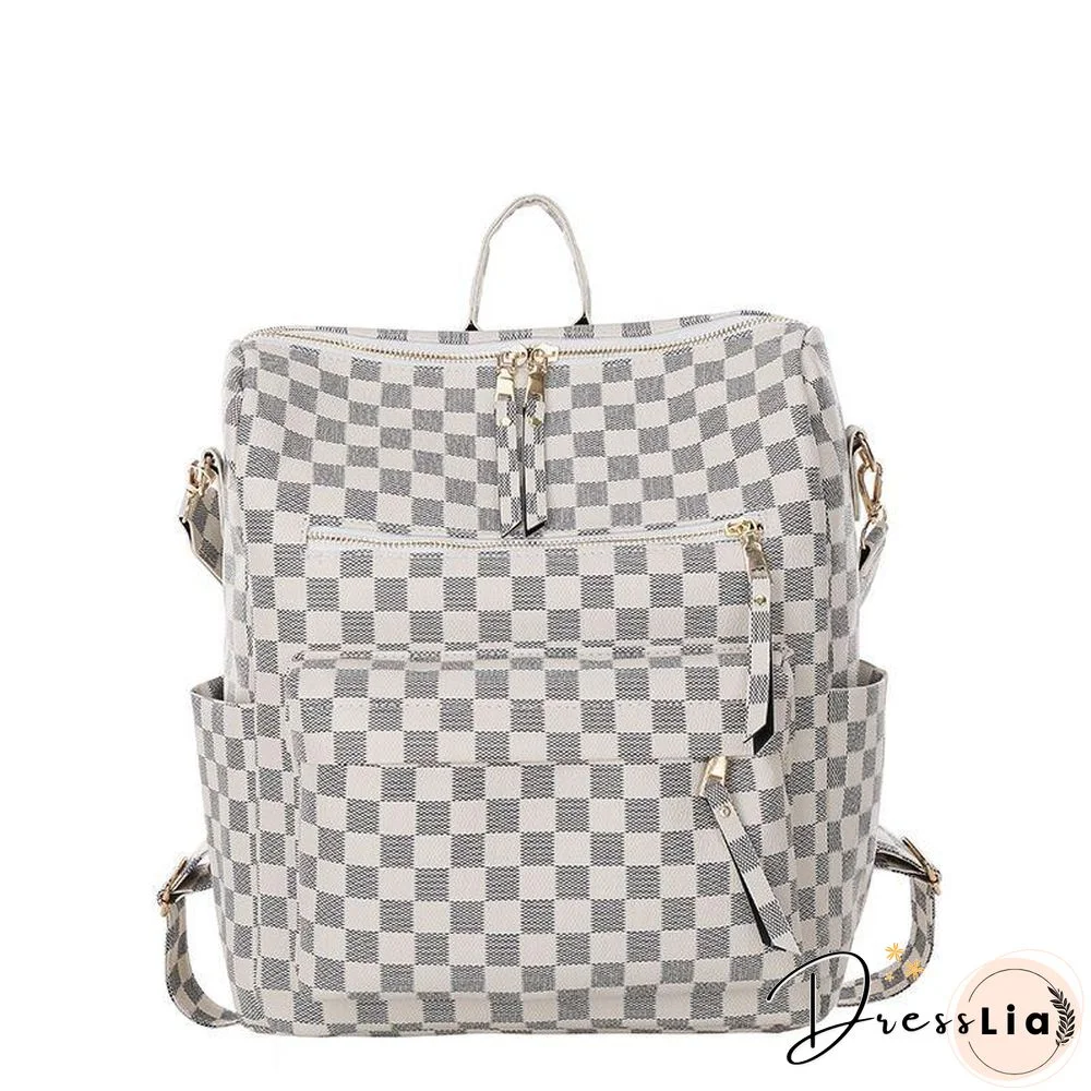 Retro Faux Leather Check Pattern Print Rucksack Vegan Backpack Tote