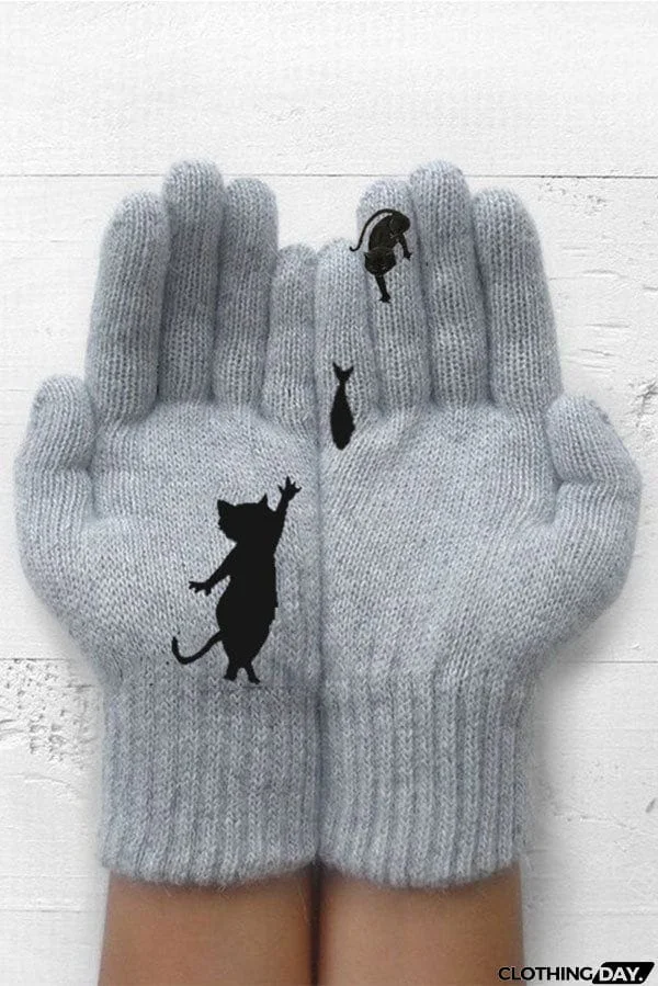 Printed Knitted Gloves Short Thickened Warm Finger Gloves-Cat