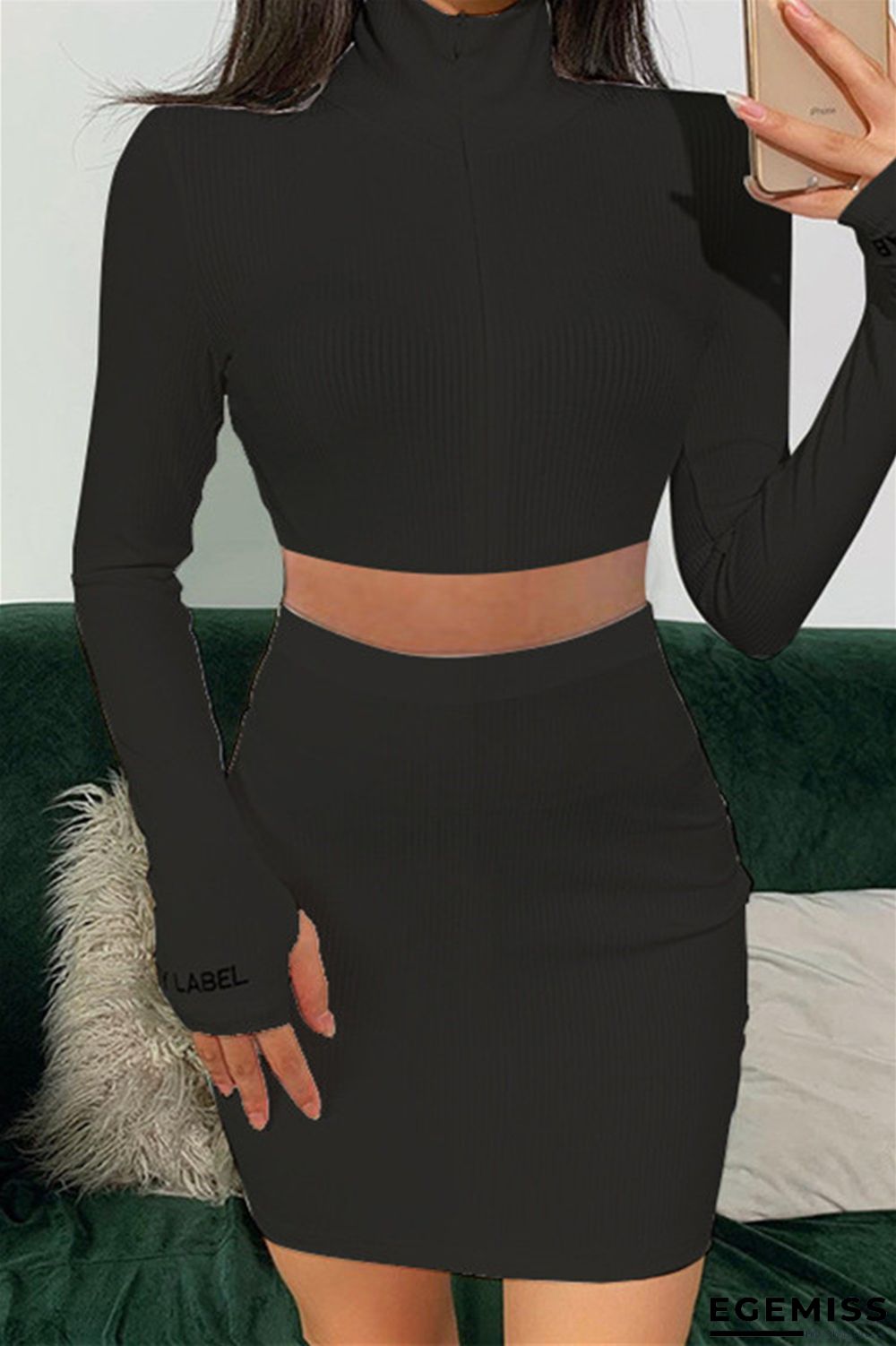 Black Blends Solid Hip skirt Long Sleeve Two Pieces | EGEMISS