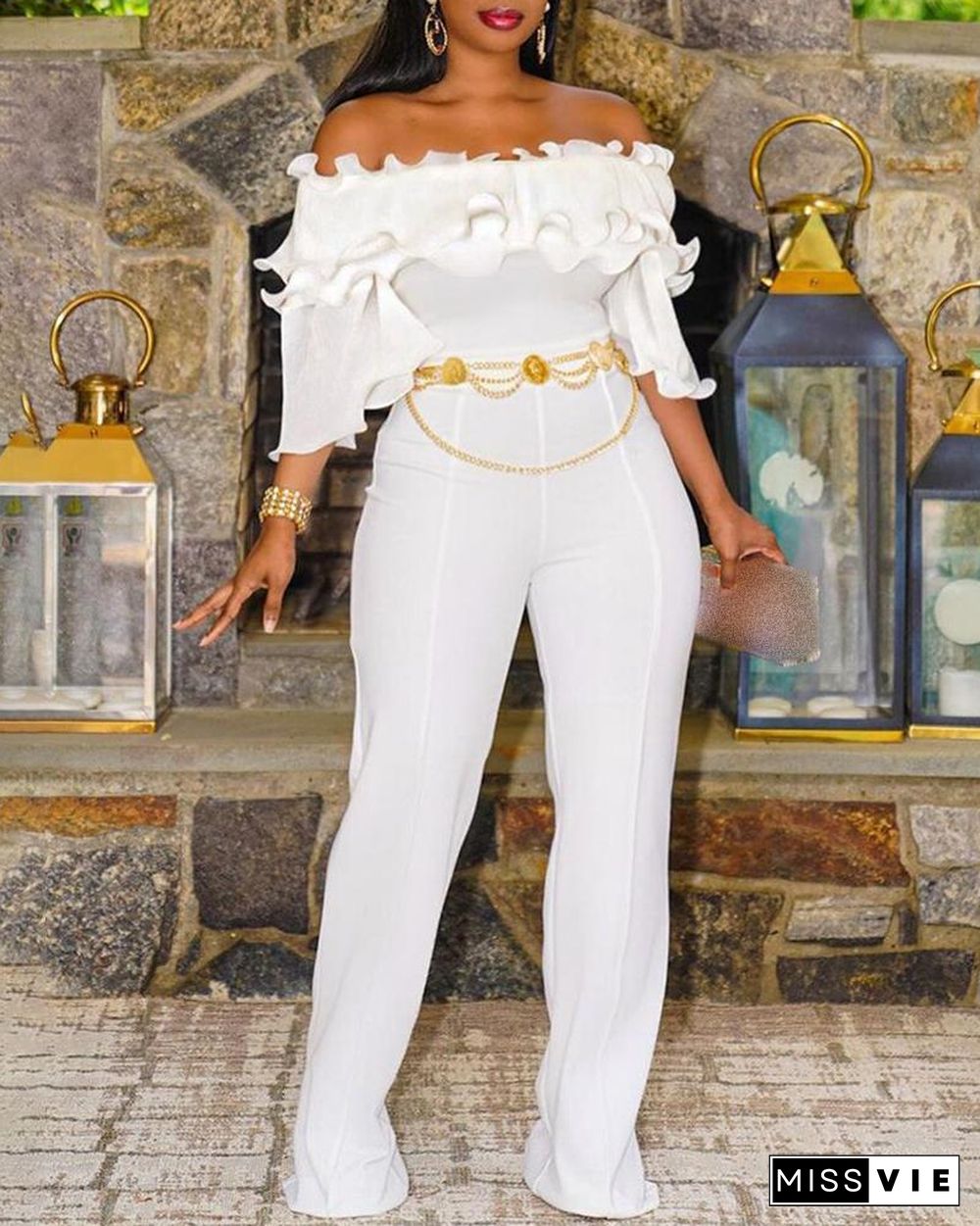 Off Shoulder Frill Hem Ruffles Jumpsuit