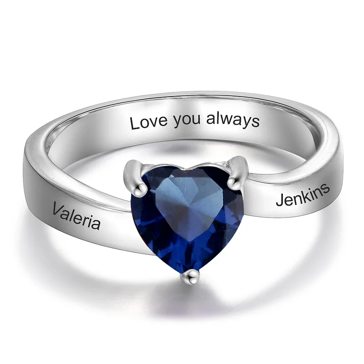 Engraved Ring With One Heart Shape Birthstone In Sterling Silver Personalized Ring September Birthday Gifts For Girls and Women