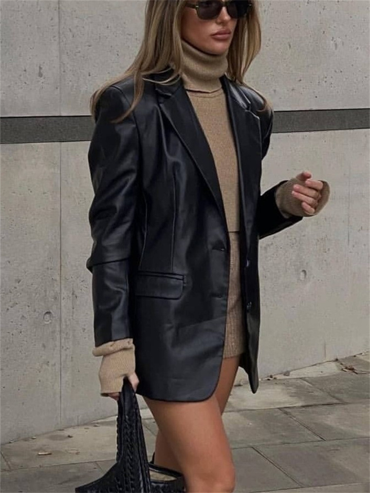 Solid Color Suit Collar Fake Pocket Fashion Casual Women's Leather Coat