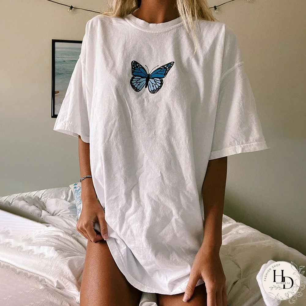 Casual Round Neck Short Sleeve Butterfly Print T-Shirt