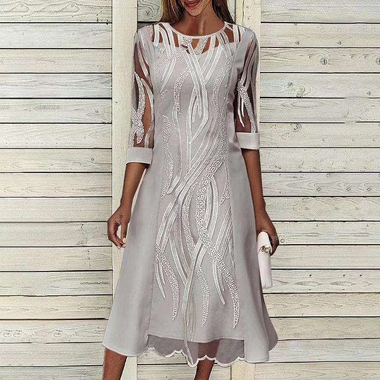 Lace Panel Light Grey 3/4 Sleeve Dress