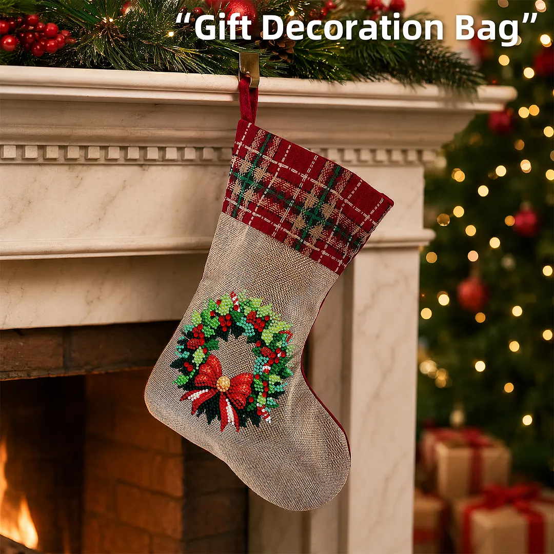 DIY Diamond Painting Christmas Stockings Hanging Ornaments Large Capacity Xmas Socks Pendant Wear Resist Candy Gift Storage Bags for Family Christmas Holiday Party Decoration (Christmas wreath)