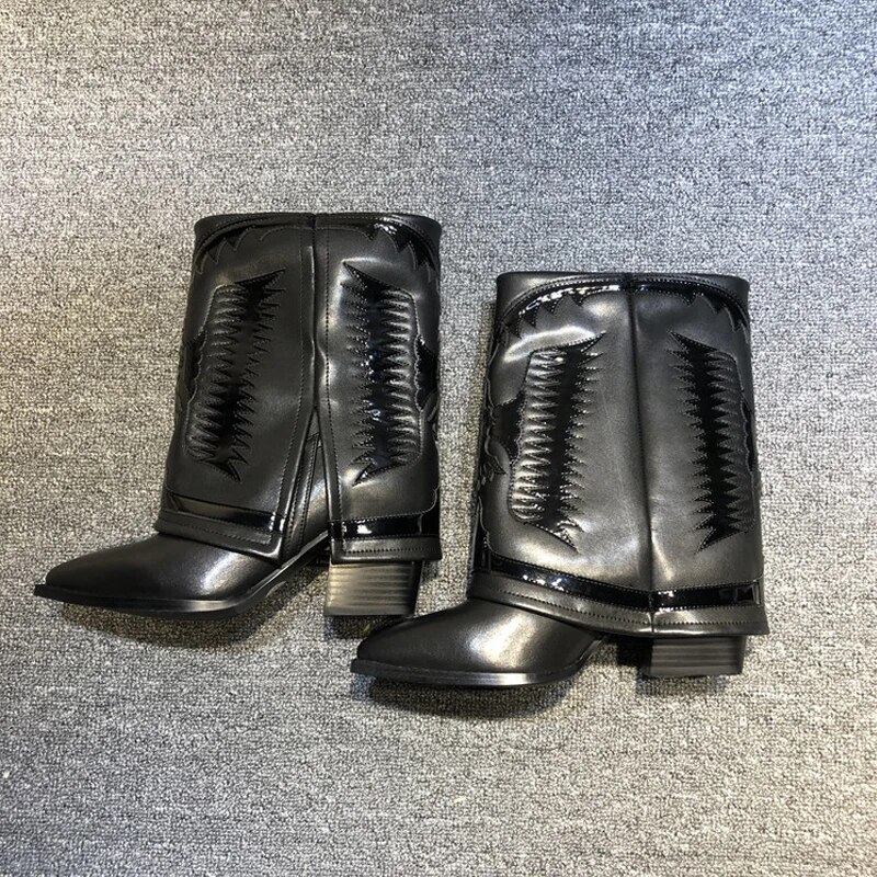 VCSHOES Printing Western Cowboy Boots Women Pointed Toe Thick Heel Chelsea Boots Leather Embroidered Mixed Colors Bootias