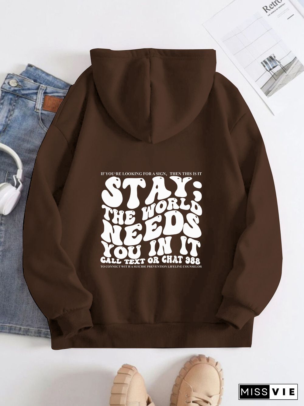 Printed Back Kangaroo Pocket Hoodie Long Sleeve for Women-Pattern Stay The World Needs