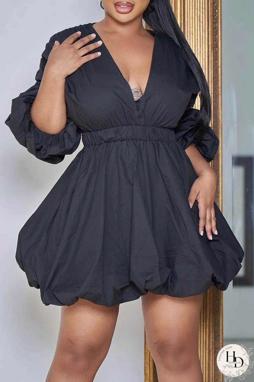 Red Fashion Sweet Solid Patchwork V Neck Lantern Skirt Dresses