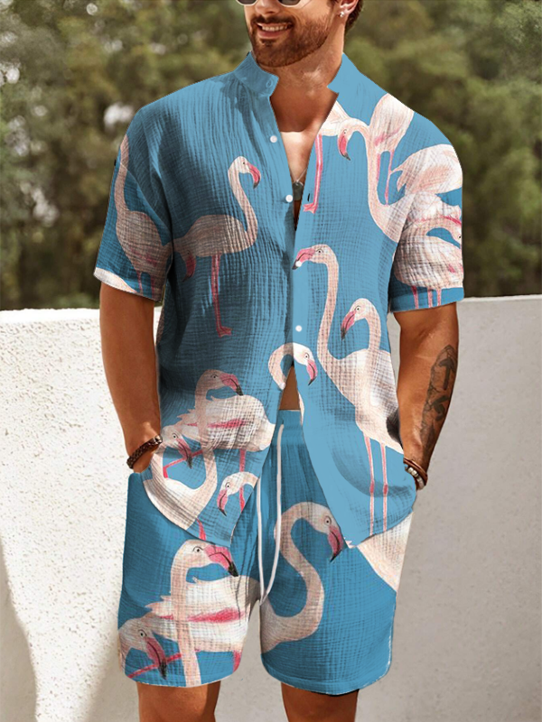 Men's Vacation Flamingo All Over Print Short Sleeve Shirt Set