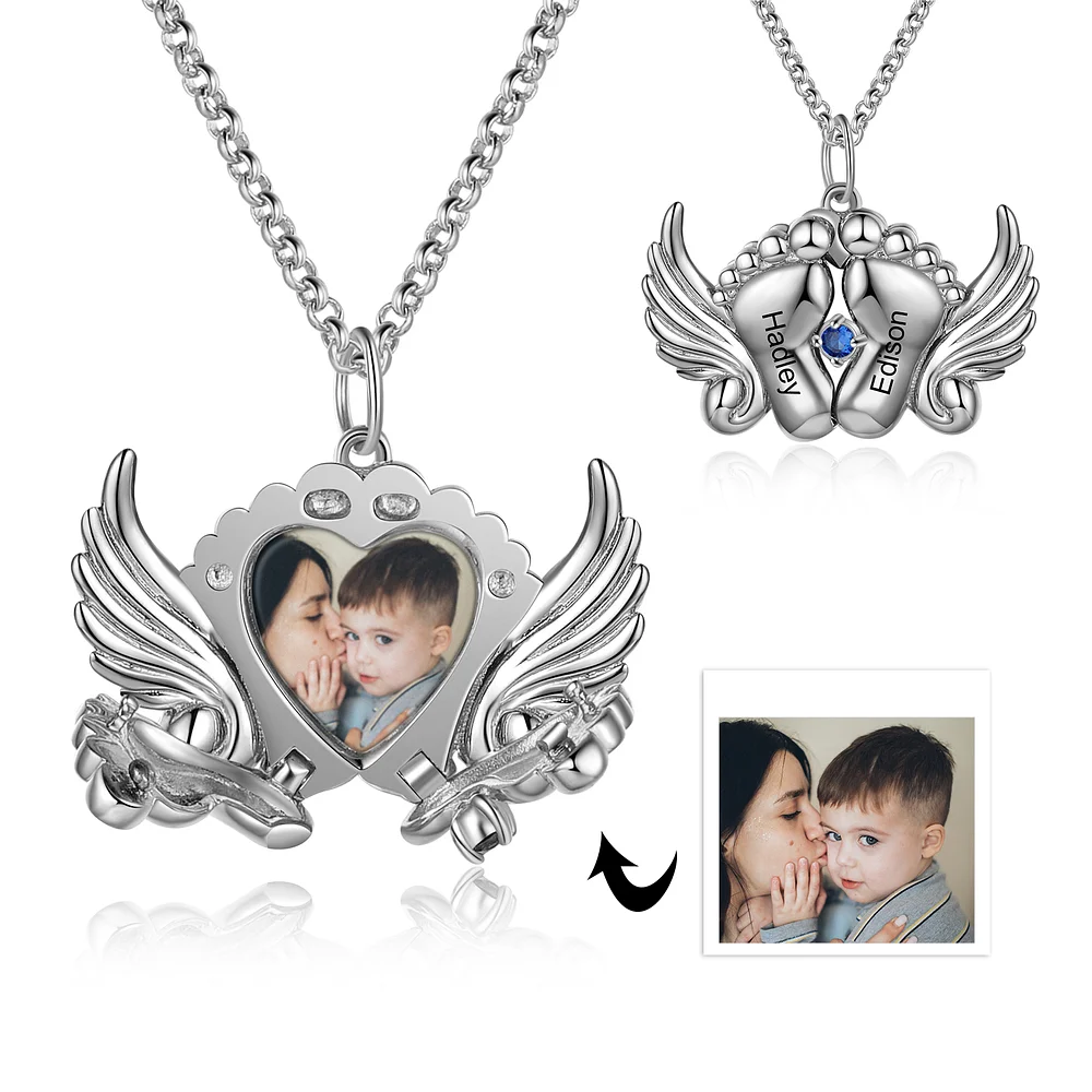 Engelflügel Füße Medaillon Halskette Personalisierte Foto Kette mit Namensgravuren und Geburtsstein m1-n2-b1 Kettenmachen
