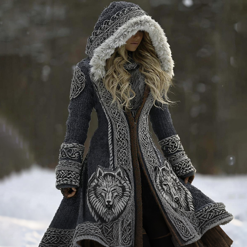 Women's Viking Celtic Knot & Wolf Art Hooded Knit Fuzzy Cardigan elevenforest