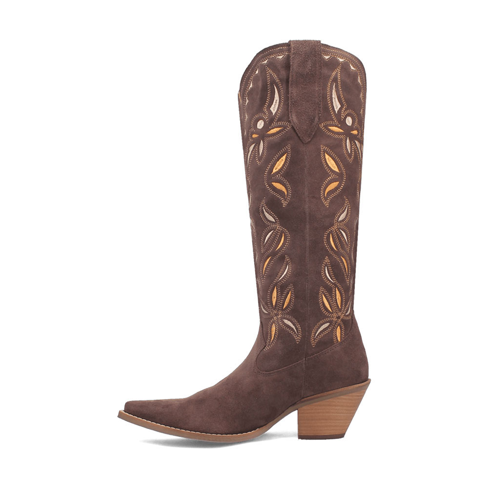 Brown Snip Toe Embroidered Knee High Cowgirl Boots with Block heel