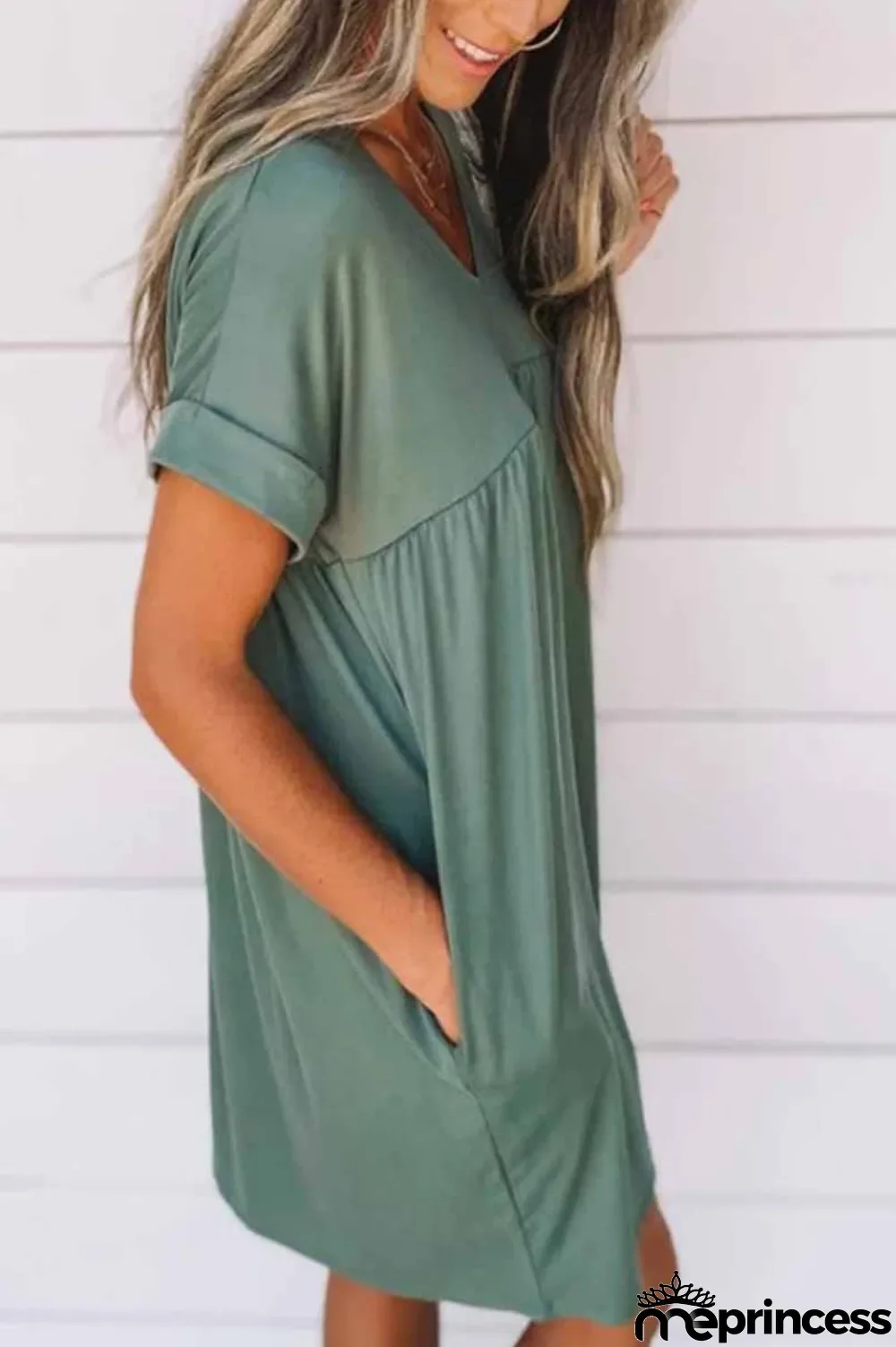 V-neck Solid Color Loose Mini Dress