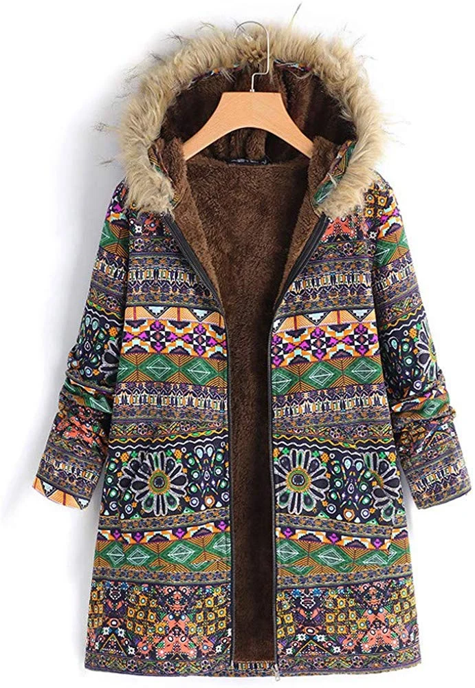 Women Vintage Floral Printed Coat Winter Warm Faux Fur Hooded Parka Jacket Boho Long Zipper Coats Outwear