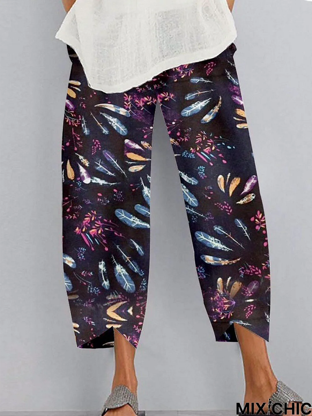 Vintage Geometric Floral Printed Pockets Casual Pants