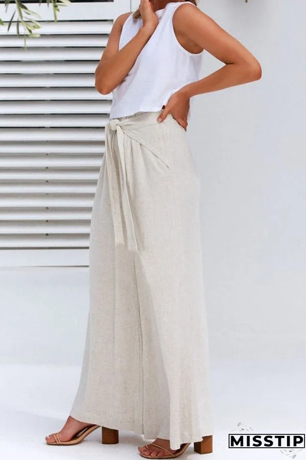 Spring and summer cotton and linen design sense strap loose wide-leg casual trousers