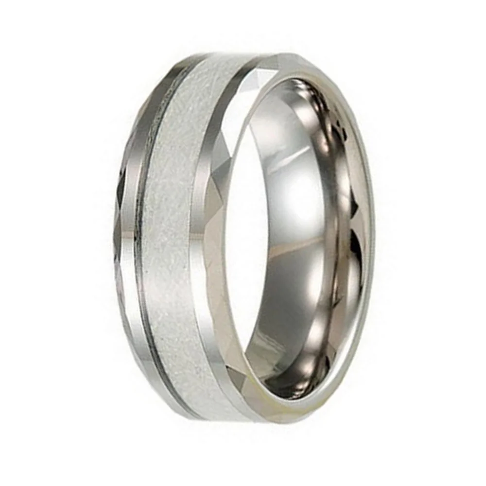 8MM High Polished Beveled Edge Inlaid Silver Carbon Fiber Couples Tungsten Rings