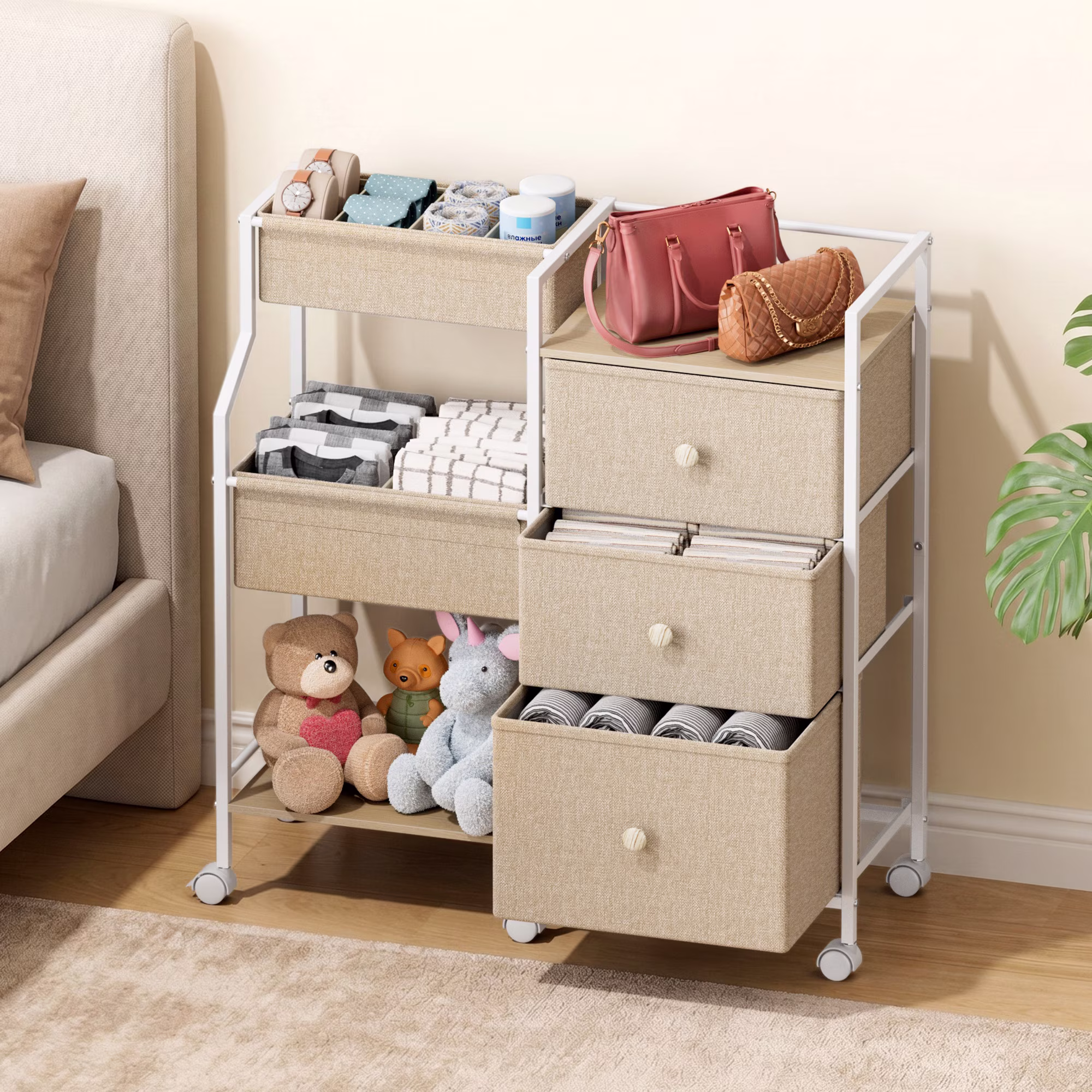 Baby Diaper Organizer and Storage Cart - 3 Tiers with Dividers and Drawers for Nursery, Bedroom, Changing Table and Crib