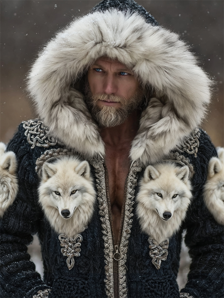 Men's Viking Fuzzy Wolf Celtic Cozy Fur Trim Hooded Cardigan elevenforest