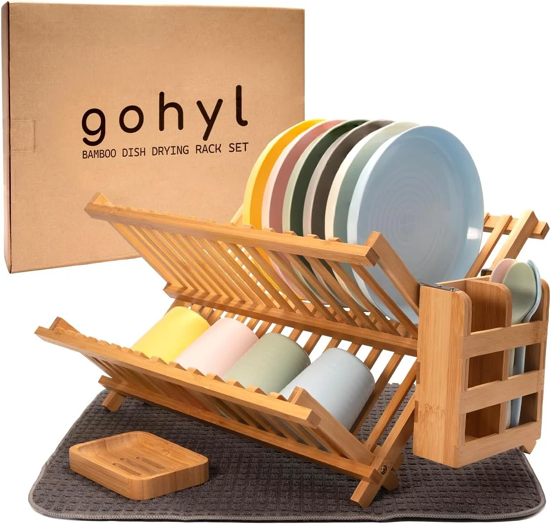 Kitchen Dish Drying Rack for Kitchen Counter - Bamboo Dish Drying Rack - Wooden Collapsible Dish Drying Rack Dishes Drying Rack Kitchen - 2 Tier Dish Drying Rack Small - Dish Strainer - Dishrack