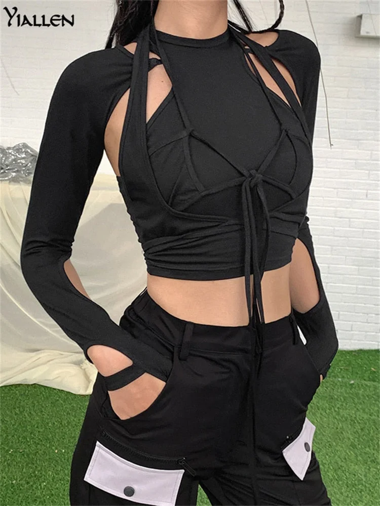 Yiallen Fashion High Street Casual Cotton TShirt Women Spring Autumn Black Slim Streetwear Bow Bandage T Shirt Ladies Top Hot