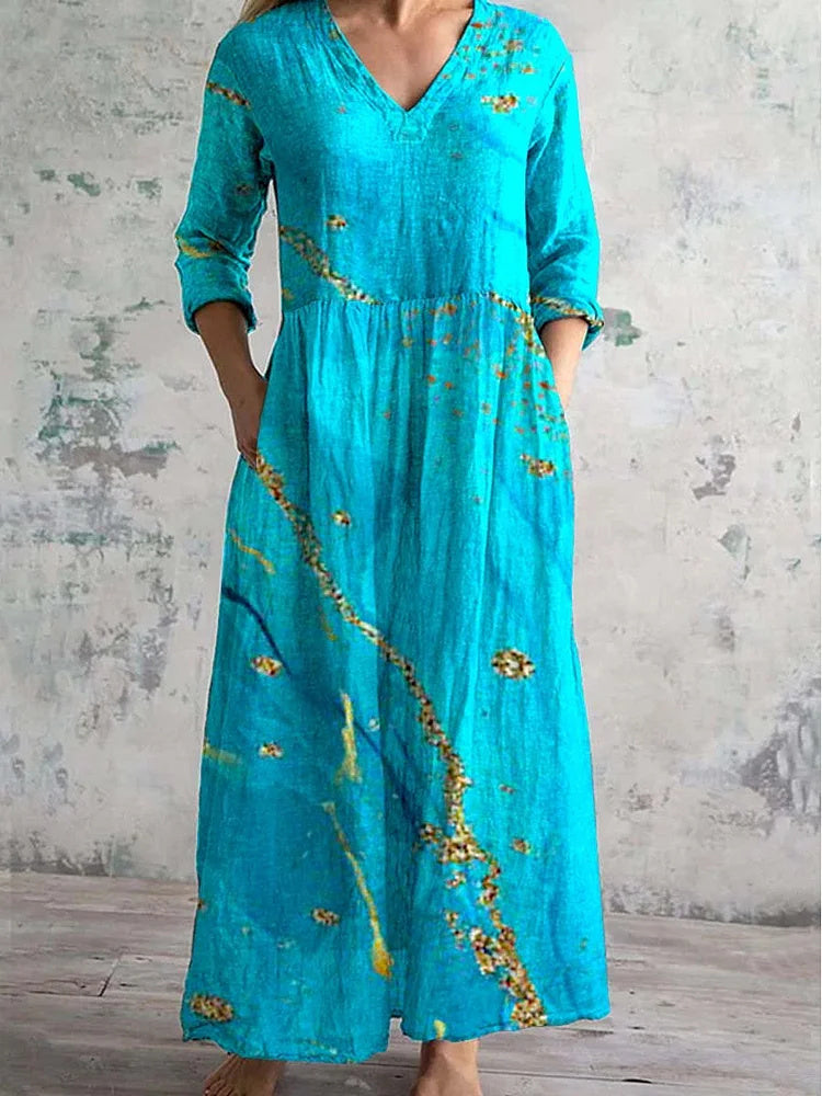 Women's 3/4 Sleeve V-neck Floral Printed Midi Dress