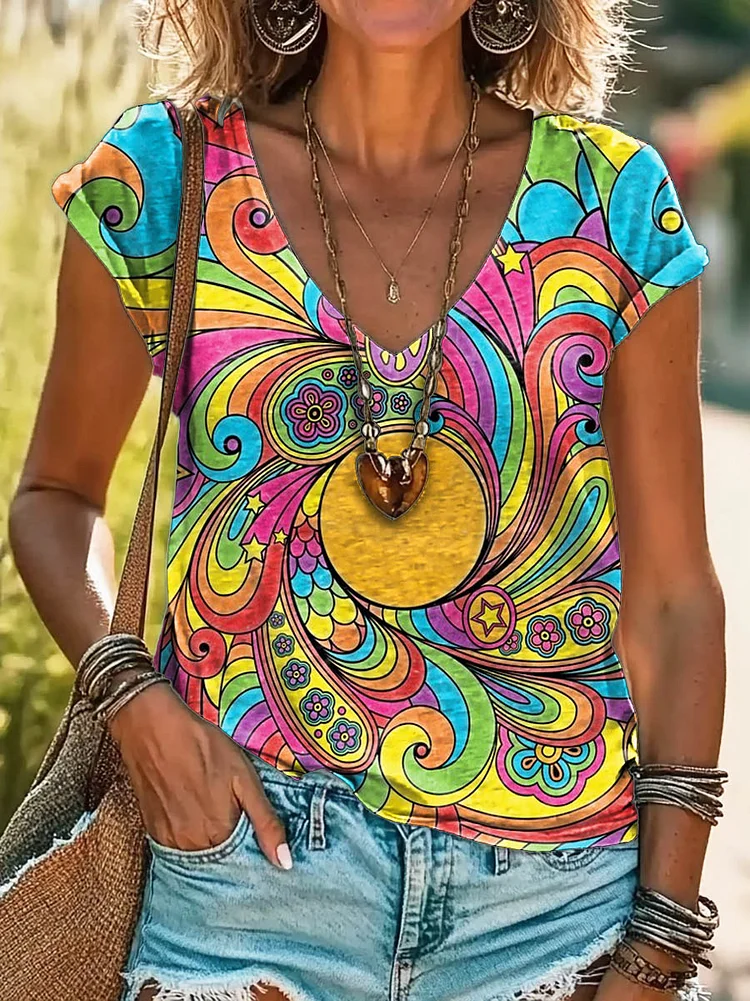 Women's Colorful Hippie Flowers Art Print 100%Cotton V-neck T-Shirt