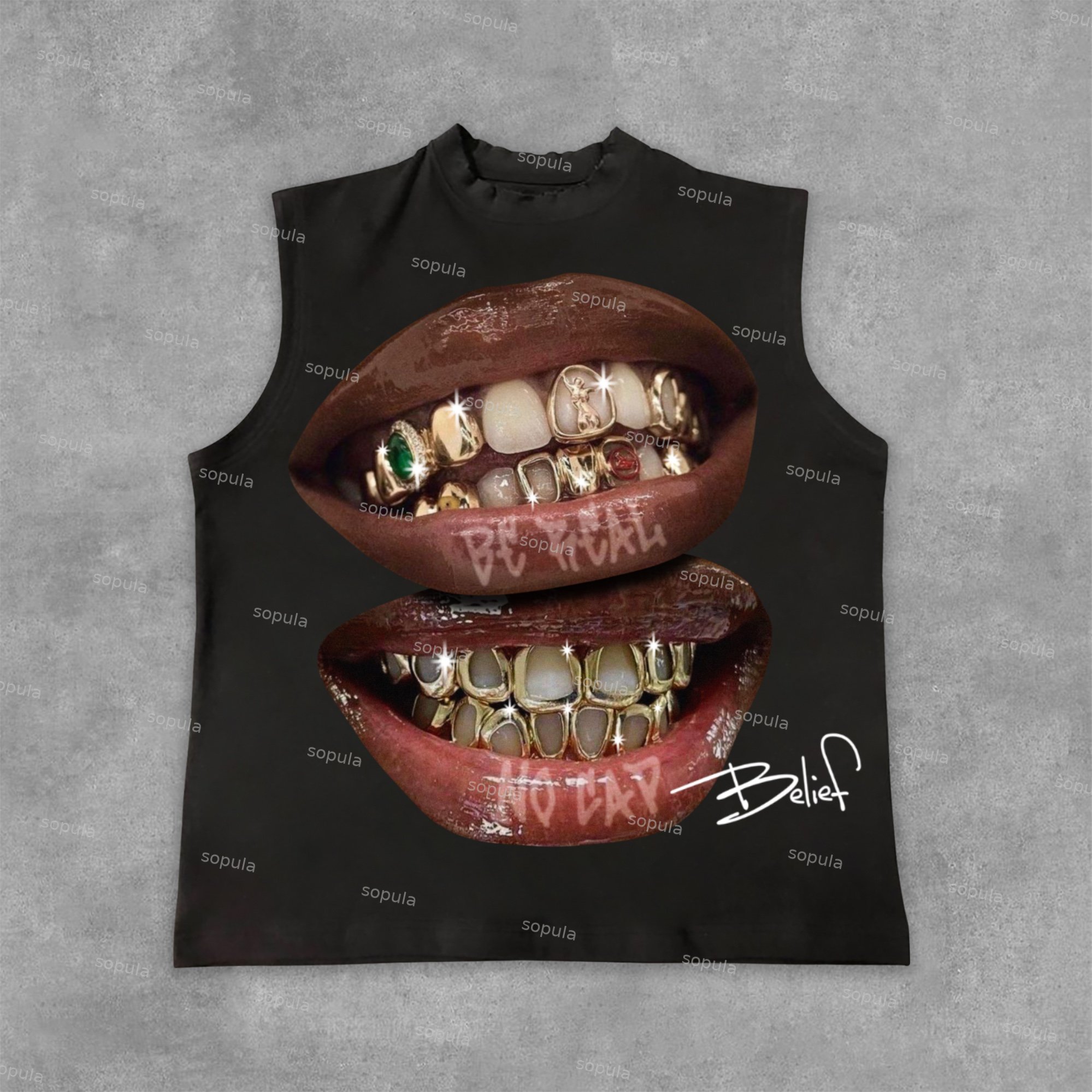 Sopula Street Style Yellow Gemstone Braces Lip Graphic Sleeveless Vest - SOPULA