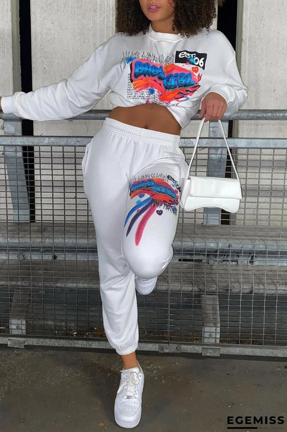 White Fashion Casual Print Basic O Neck Long Sleeve Two Pieces | EGEMISS