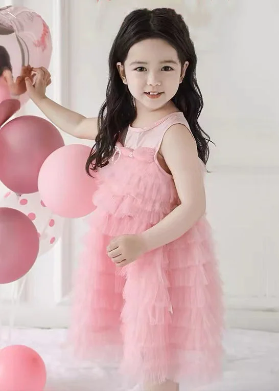 Elegant Pink Wrinkled Solid Tulle Girls Dresses Sleeveless