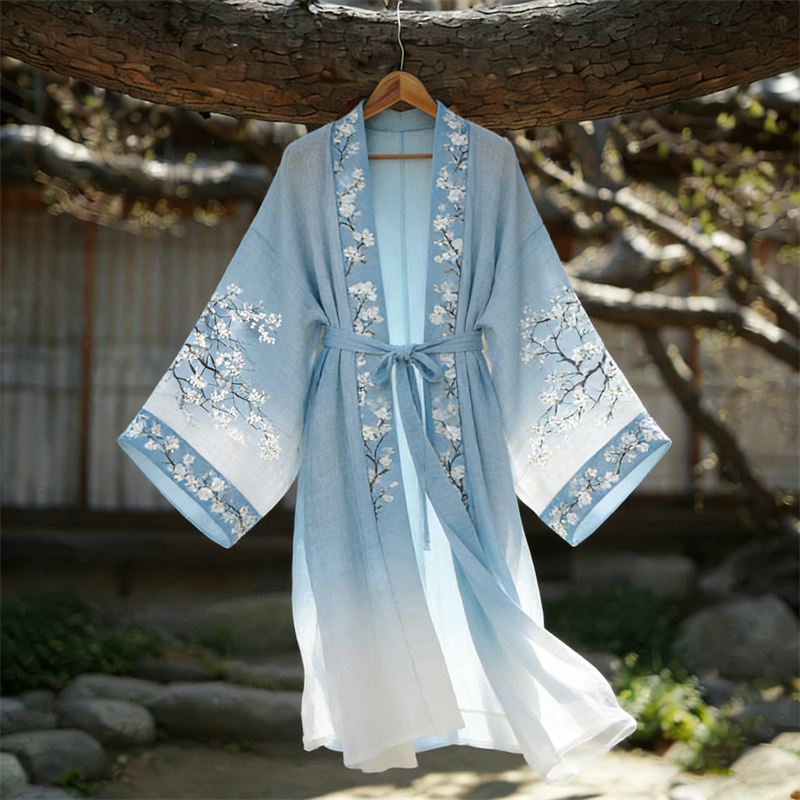 Classy White Floral Gradient Tied Flowy Linen Long Kimono wearshes