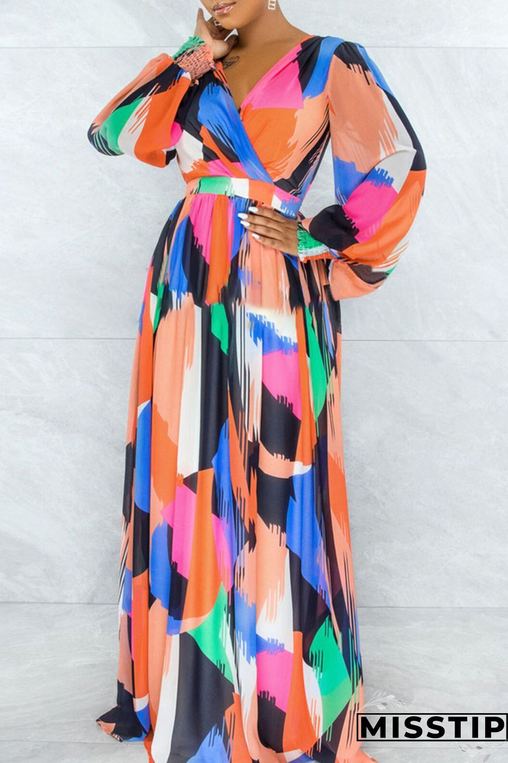 Multi-color Elegant Print Patchwork Frenulum Backless V Neck Long Sleeve Dresses