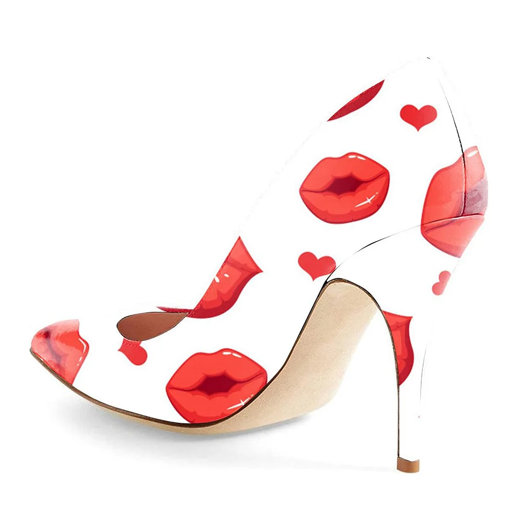Ivory Vegan Leather Red Lips Printed Pointed Pumps with Stiletto Heel