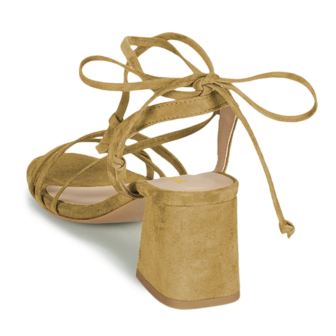Beige Faux Suede Round Toe Lace-Up Chunky Heel Casual Comfy Sandals