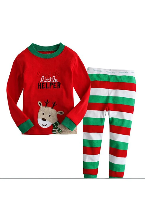 Long Sleeve Santa Helper Reindeer Print Stripe Kids Christmas Pajama-elleschic