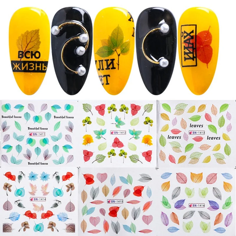 Nail Stickers Water Transfer Colorful Clear Leafs Designs 6Pcs/Set Nail Decal Decoration Tips For Beauty Salons-Nail Inspo