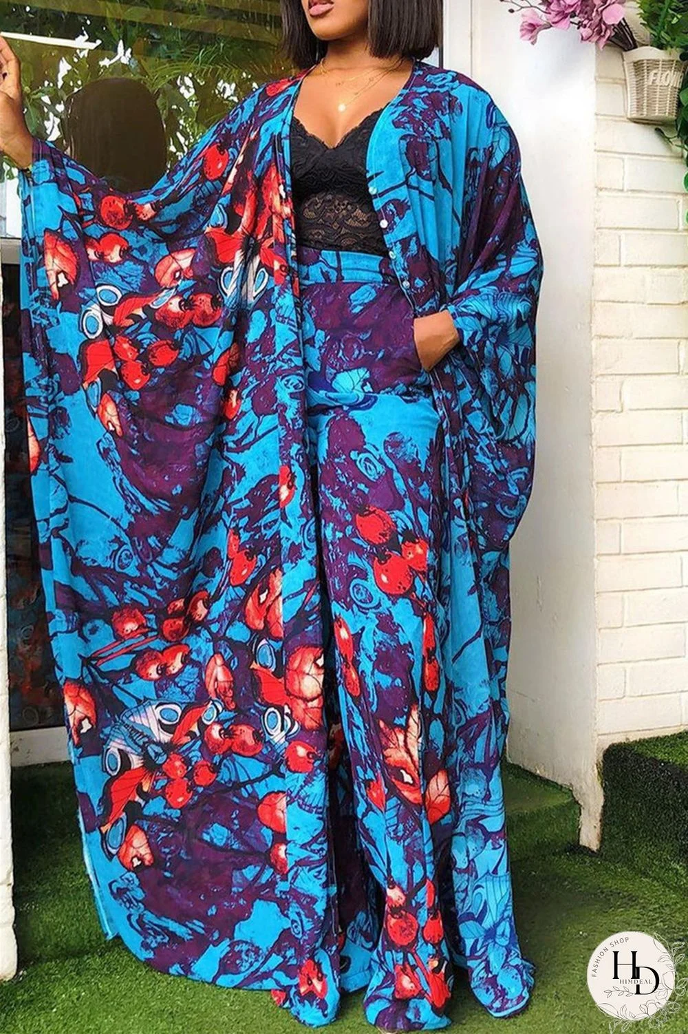 Blue Fashion Casual Print Slit V Neck Long Sleeve Two Pieces