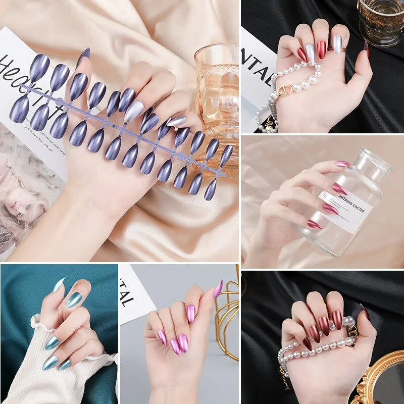 1 Sets 24 Pieces/Set Metallic Reflection Effect Almond Shape Full Cover 10 Sizes False Nail Tips Perfect For Night Out-Nail Inspo