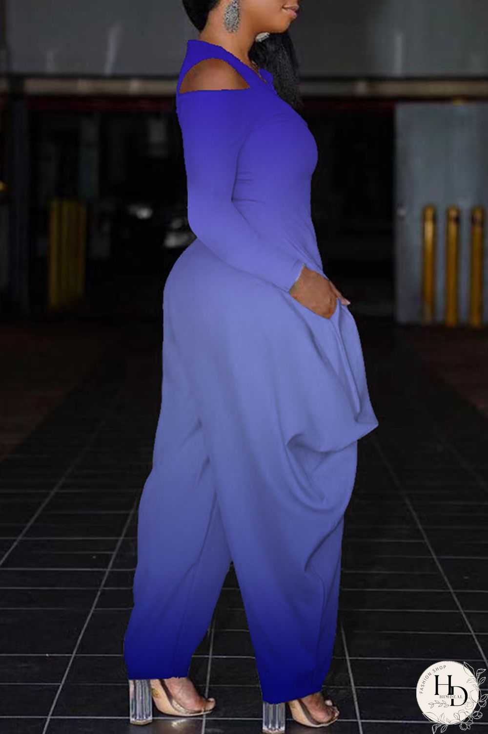 Blue Fashion Casual Gradual Change Print Hollowed Out V Neck Regular Jumpsuits